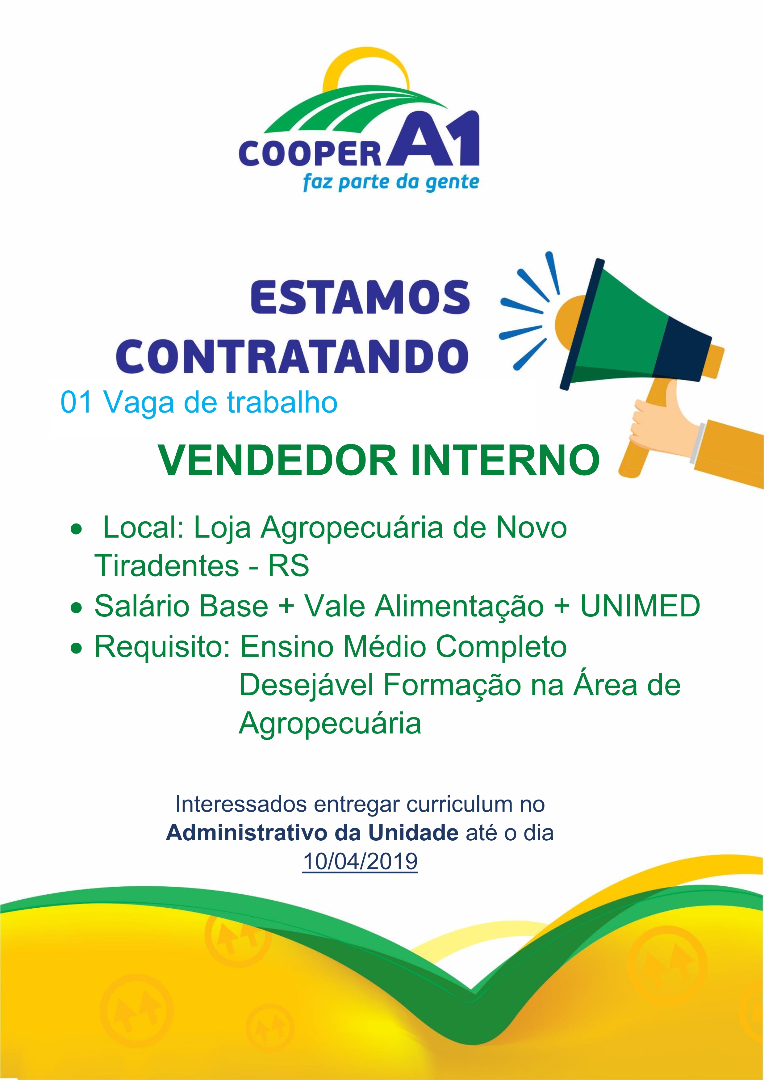 VAGA DE EMPREGO PARA A UNIDADE DE NOVO TIRADENTES