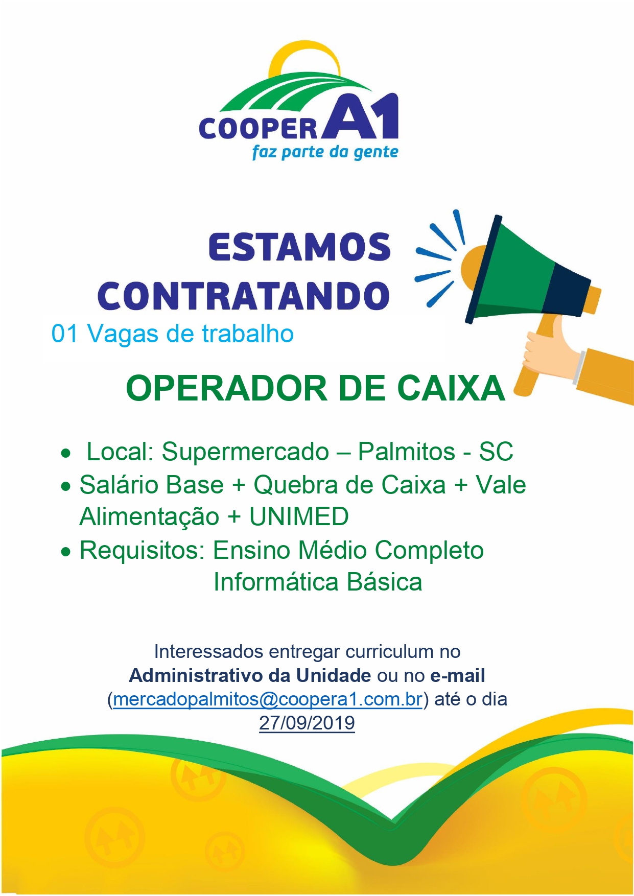 VAGA DE EMPREGO PARA UNIDADE DE PALMITOS