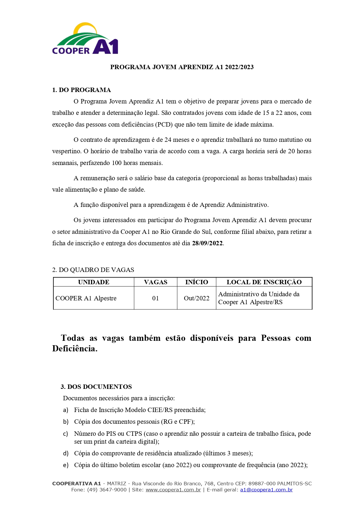 EDITAL PARA JOVEM APRENDIZ - ALPESTRE/RS